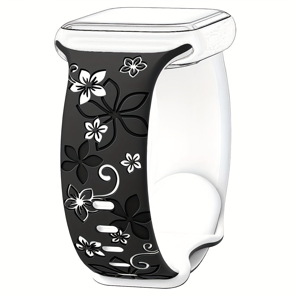 Waterproof Floral Silicone Watch Band with Butterfly Clasp for Apple Watch Series 1-10 SE in Multiple Colors