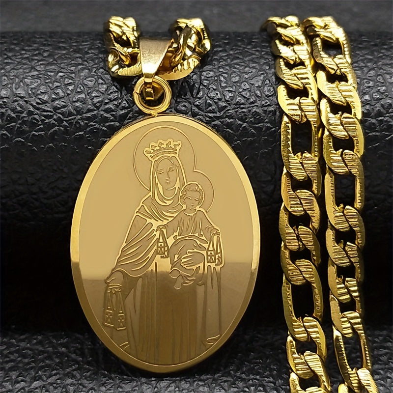 Virgin Mary Pendant Necklace Stainless Steel Gold Plated Catholic Religious Jewelry for Men