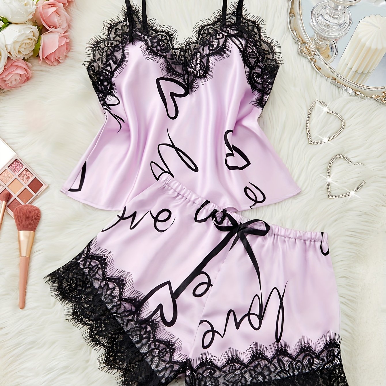 Women's Lace Letter Print Pajama Set with Spaghetti Strap Top and Bow-Decorated Shorts