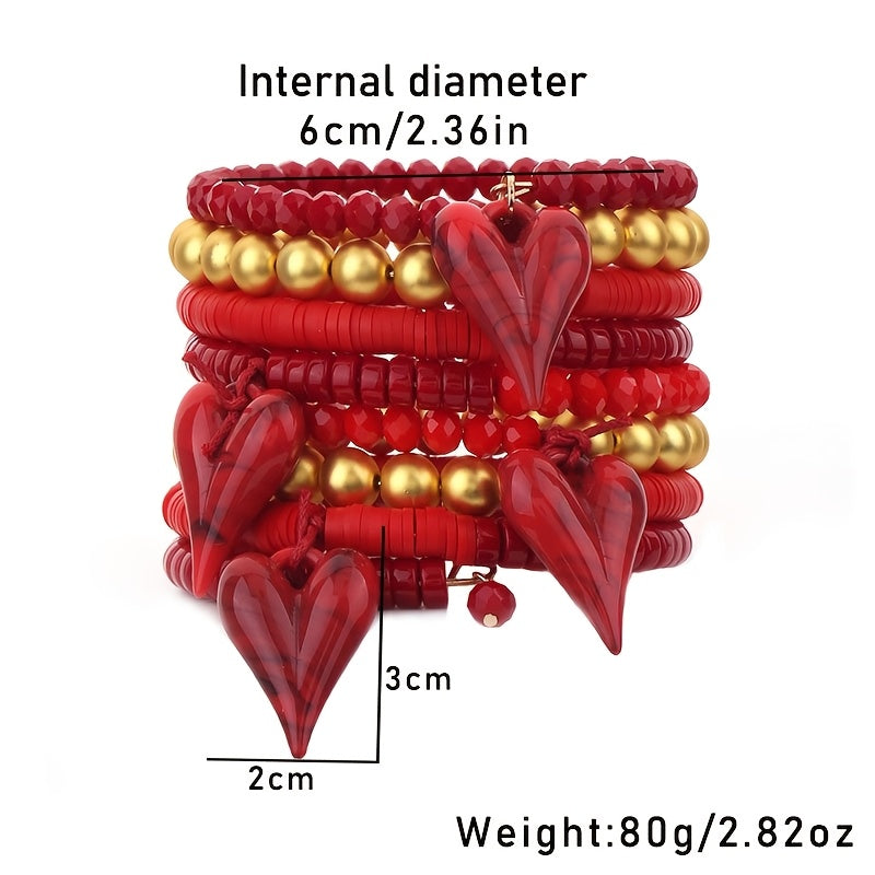 Red Beaded Heart Pendant Bracelet for Women Bohemian Valentine's Day Accessory