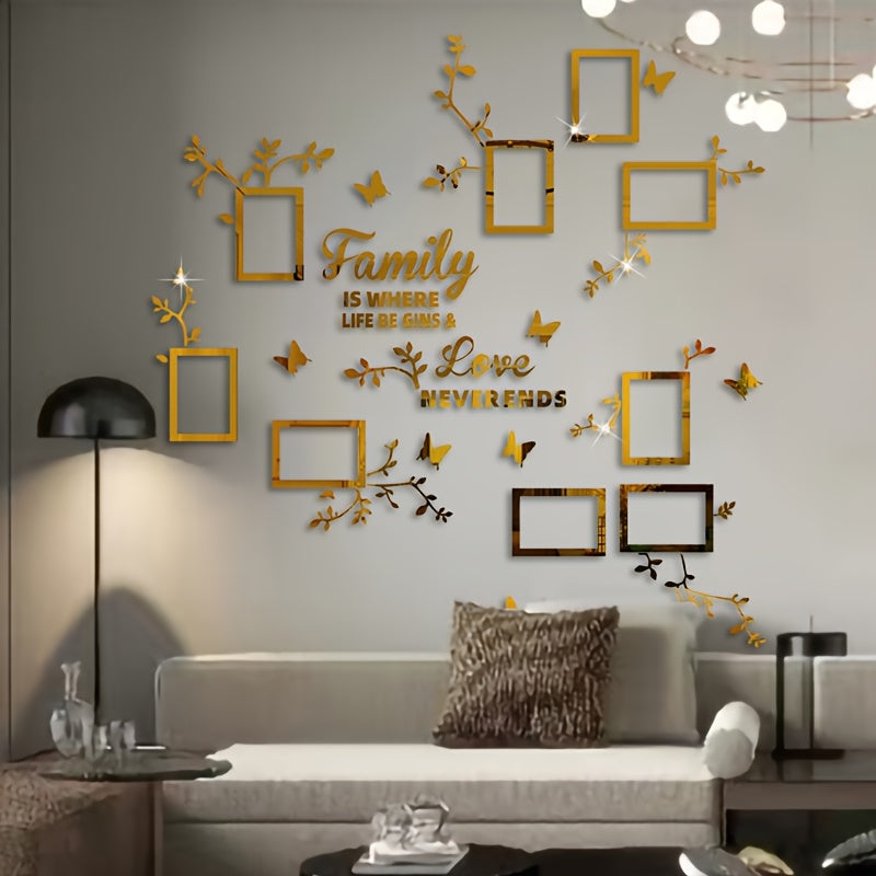Acrylic Wall Decor Stickers Set with Flower Branches Butterflies and Photo Frames for DIY Home Office Wall Decoration