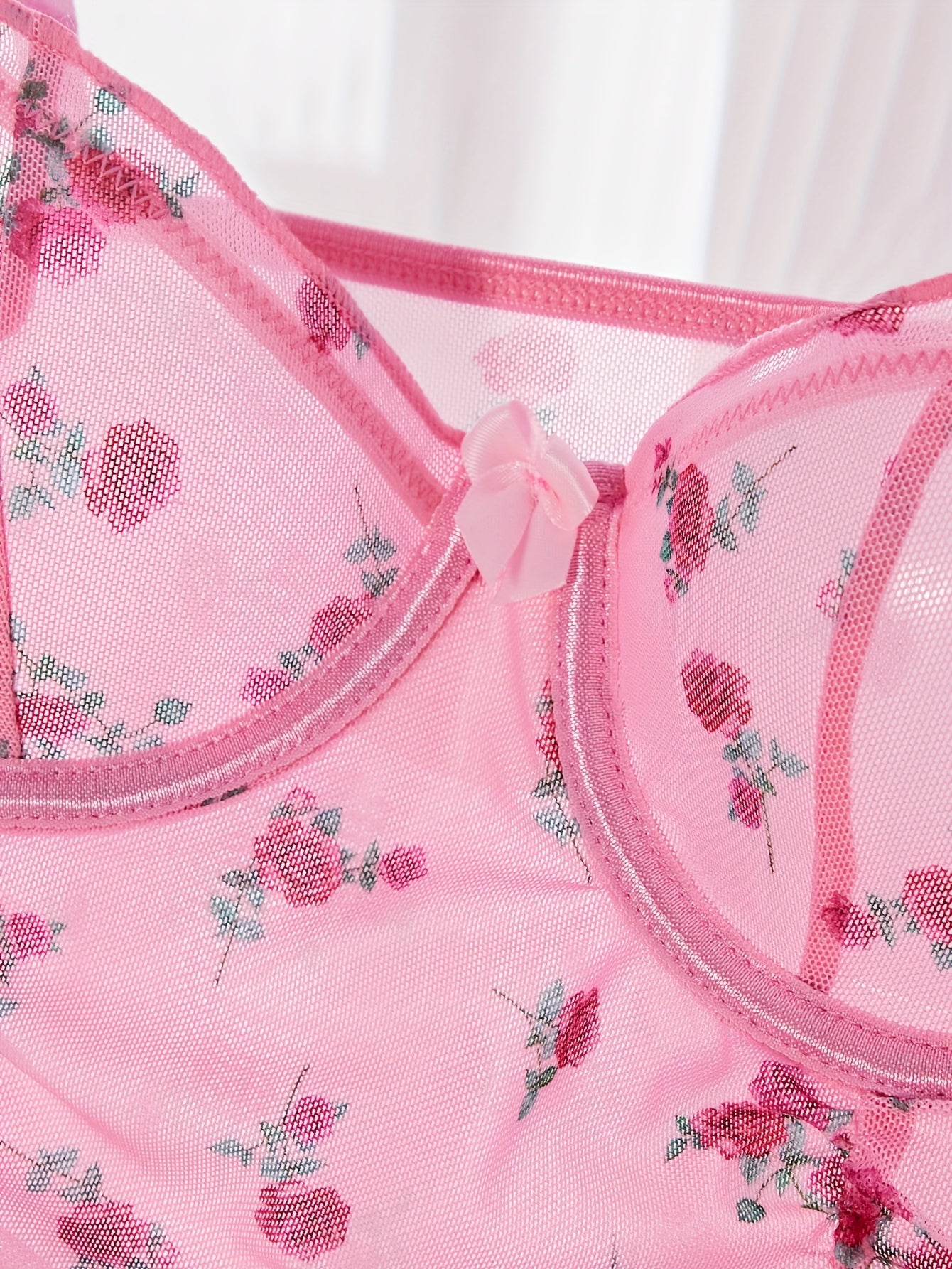 Women's Sleepwear Set with Floral Print, High Slit, Ruched Details, Knit Fabric