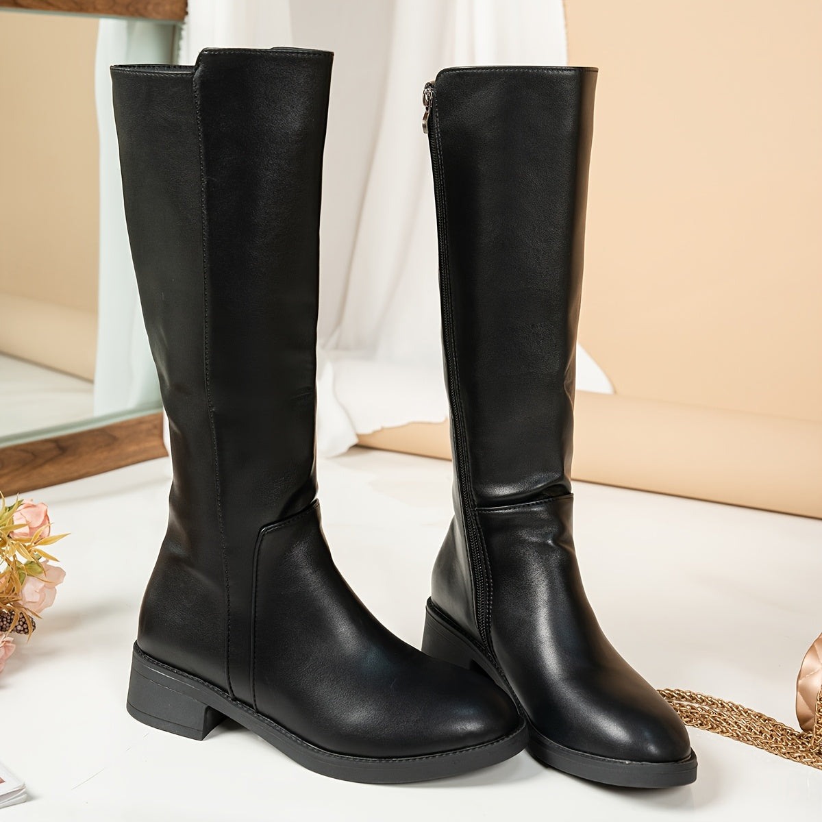 Women's Faux Leather Mid-Calf Boots Warm Winter Chunky Heel Black