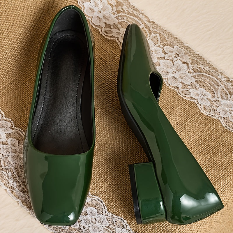 Women's Green Square Toe Mary Jane Pumps Breathable Synthetic Low Block Heel Dress Shoes