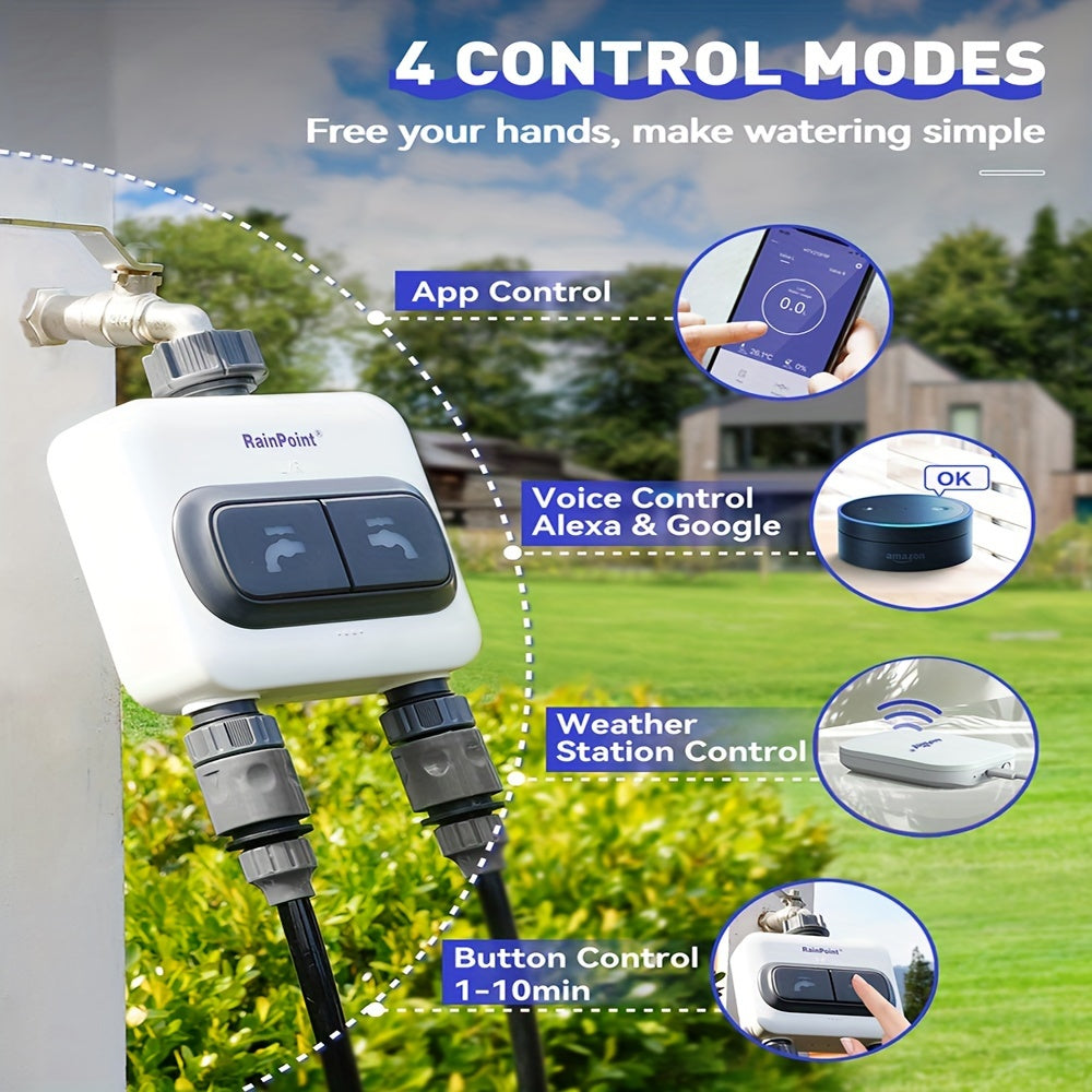 Умный таймер полива RainPoint с WiFi для капельного полива и спринклеров, стандартный разъем ЕС, диаметр трубы 3/4", не требует батареек, прочный пластик, современный таймер для сада.