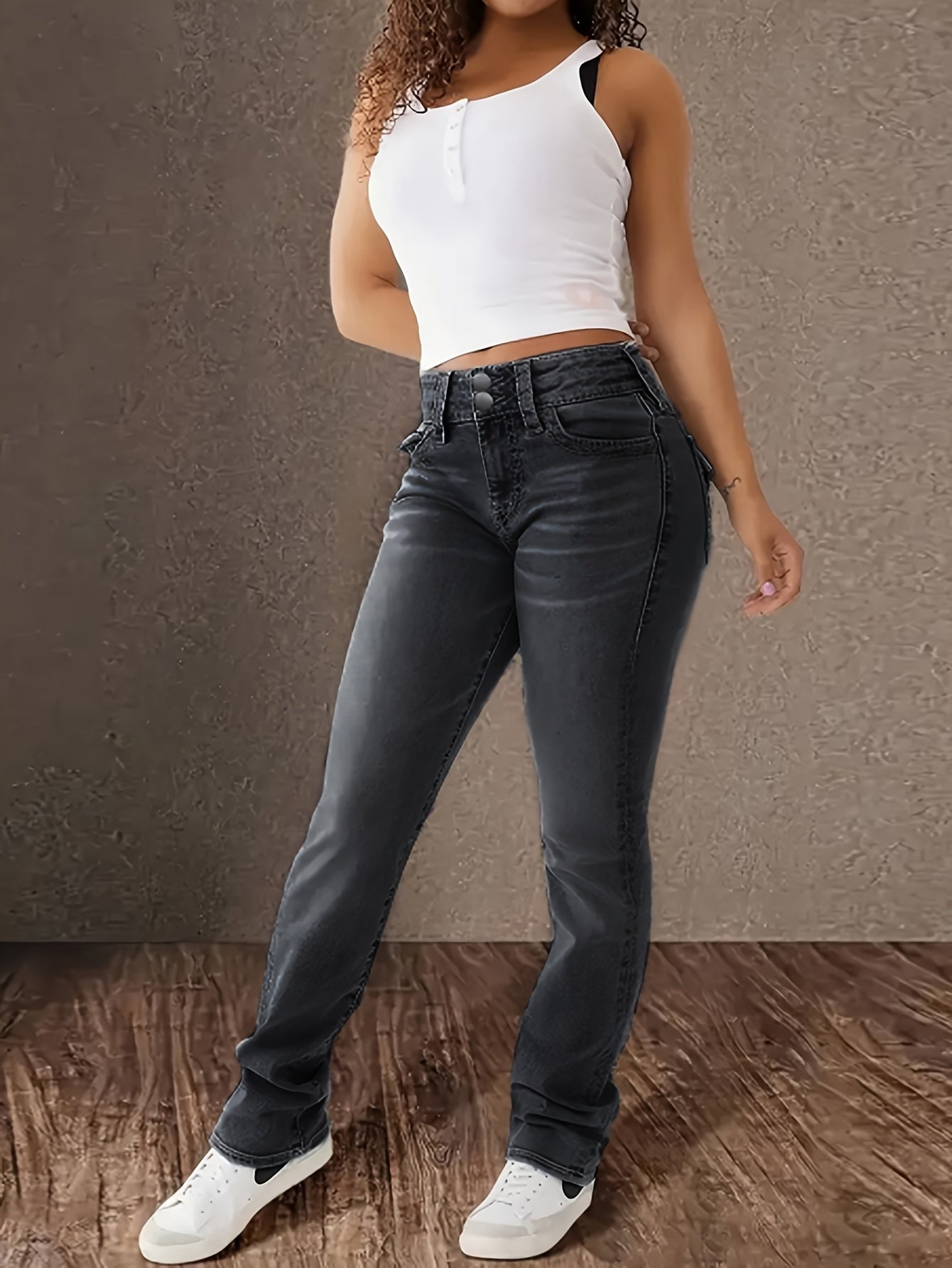 Jeans de mezclilla de talla grande para mujer de tiro alto y corte recto, pantalones con bolsillos, tela duradera