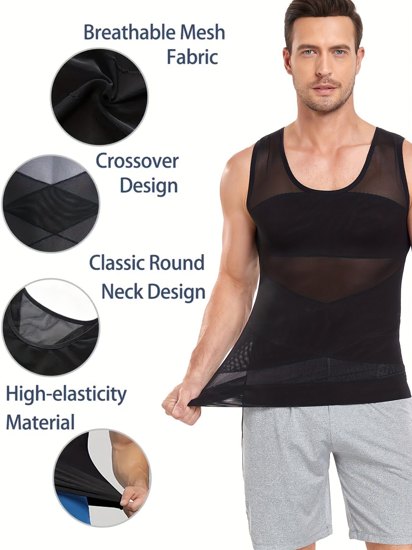 Мужская облегающая компрессионная майка без рукавов для контроля живота, сетчатая, из нейлона и спандекса