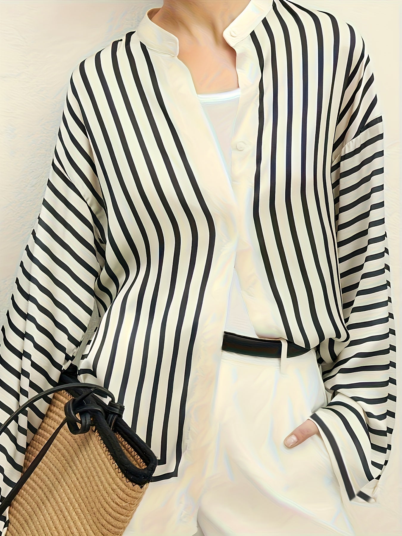 Women's Striped Button-Up Shirt Black White Long Sleeve Casual Formal Top