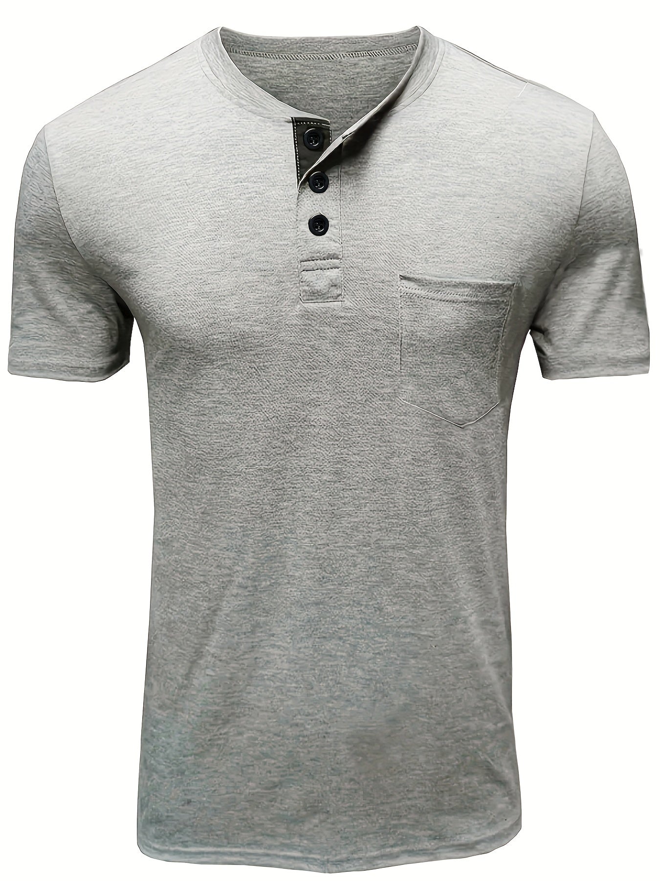 Erkaklar uchun plussiz casual Henley ko'ylagi, qattiq qora rangda, qisqa yenglar, ko'krak cho'ntagi va tugma tafsilotlari bilan, polyesterdan tayyorlangan va mashinada yuvish mumkin.