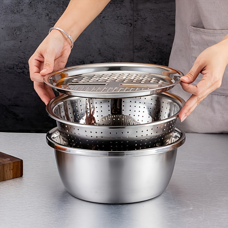 3-Piece Stainless Steel Kitchen Utensil Set with Grinder Strainer and Mixing Bowl for Food Preparation