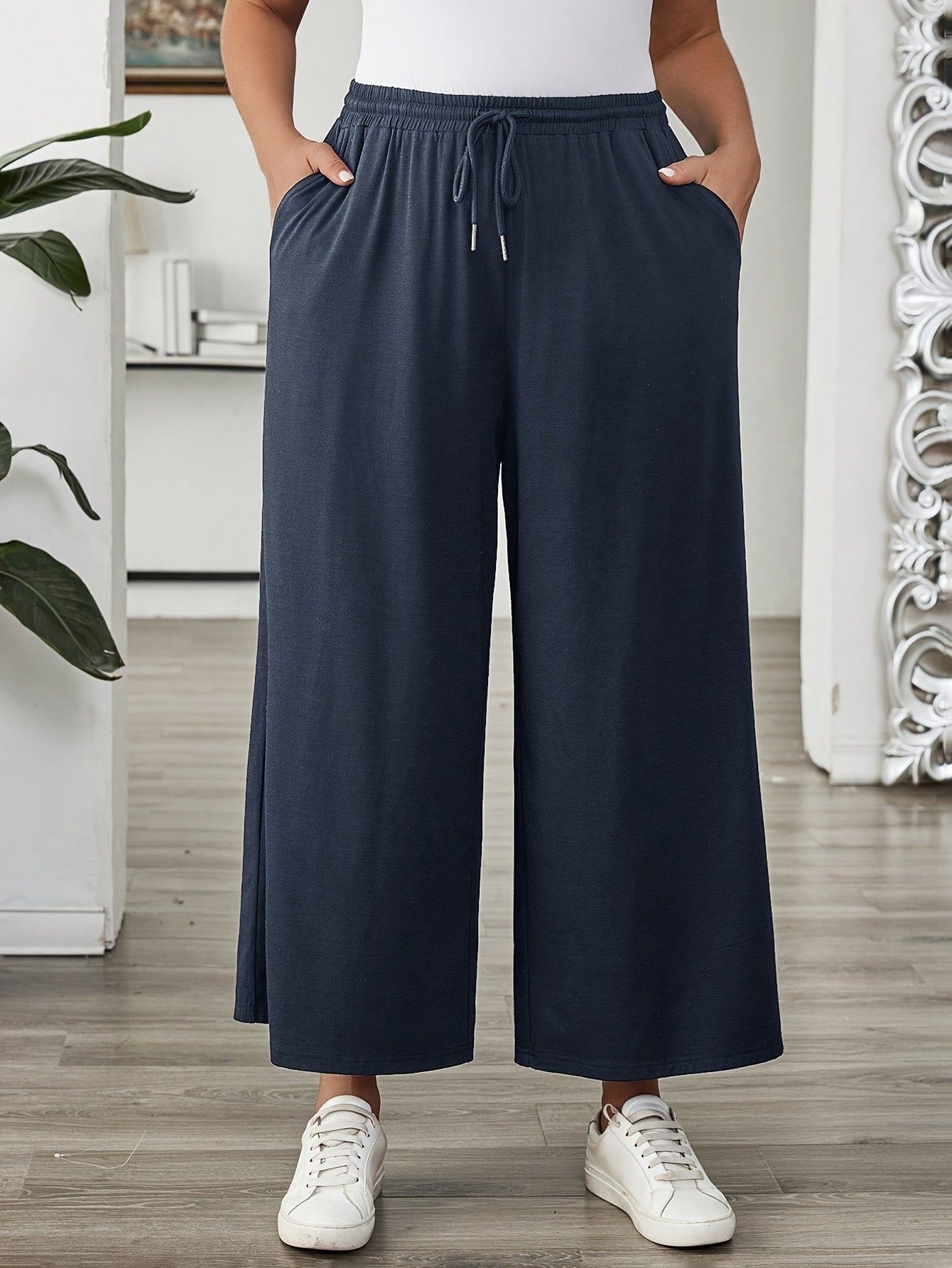 Plus Size Women's Solid Color Elastic Waist Wide Leg Pants Casual Summer