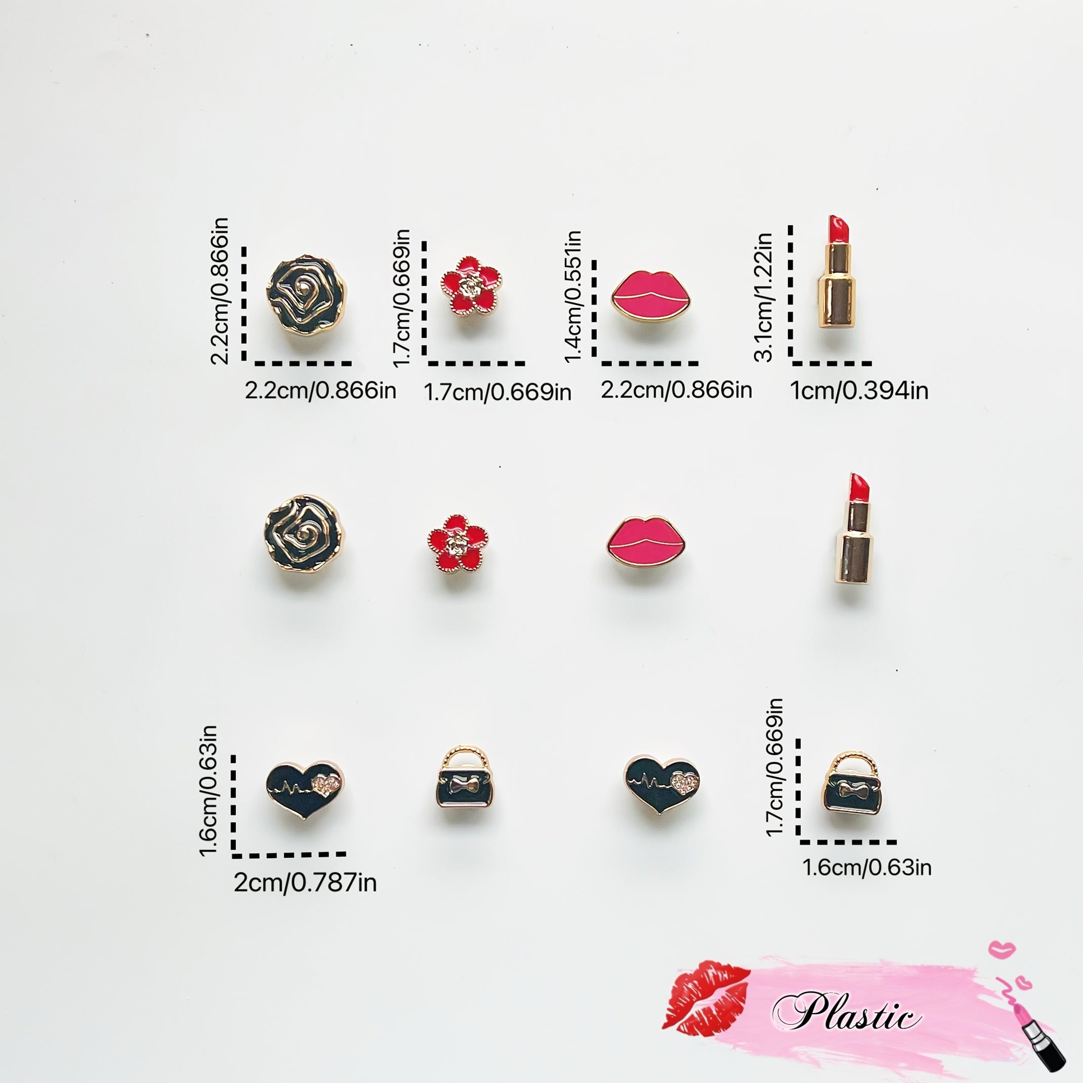 12 dona qizil lab bo'yog'i poyafzal charm'lari, olib tashlanadigan plastmassa aksessuarlar, sandallar va sumkalar uchun