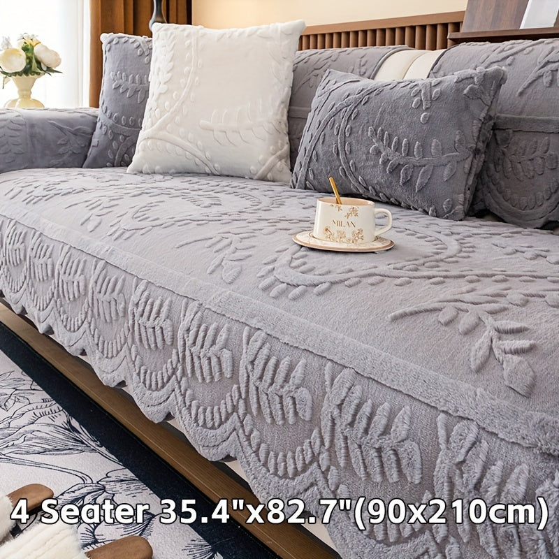 Beige Faux Rabbit Fur Sofa Cover for 1-4 Seaters with Floral Leaf Pattern Non-Slip Washable