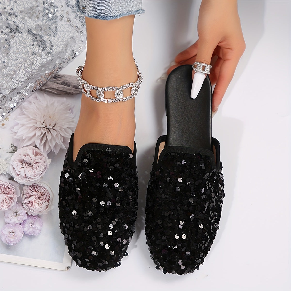 Women's Sequin Flat Shoes with Round Toe Slip-On Lightweight Fabric