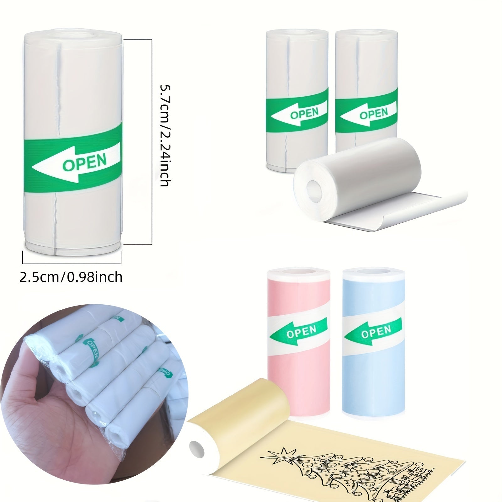 12 ta rulon mini termal printer qog'ozi 57x25mm oq va rangli stikerlar portativ termal printerlar uchun