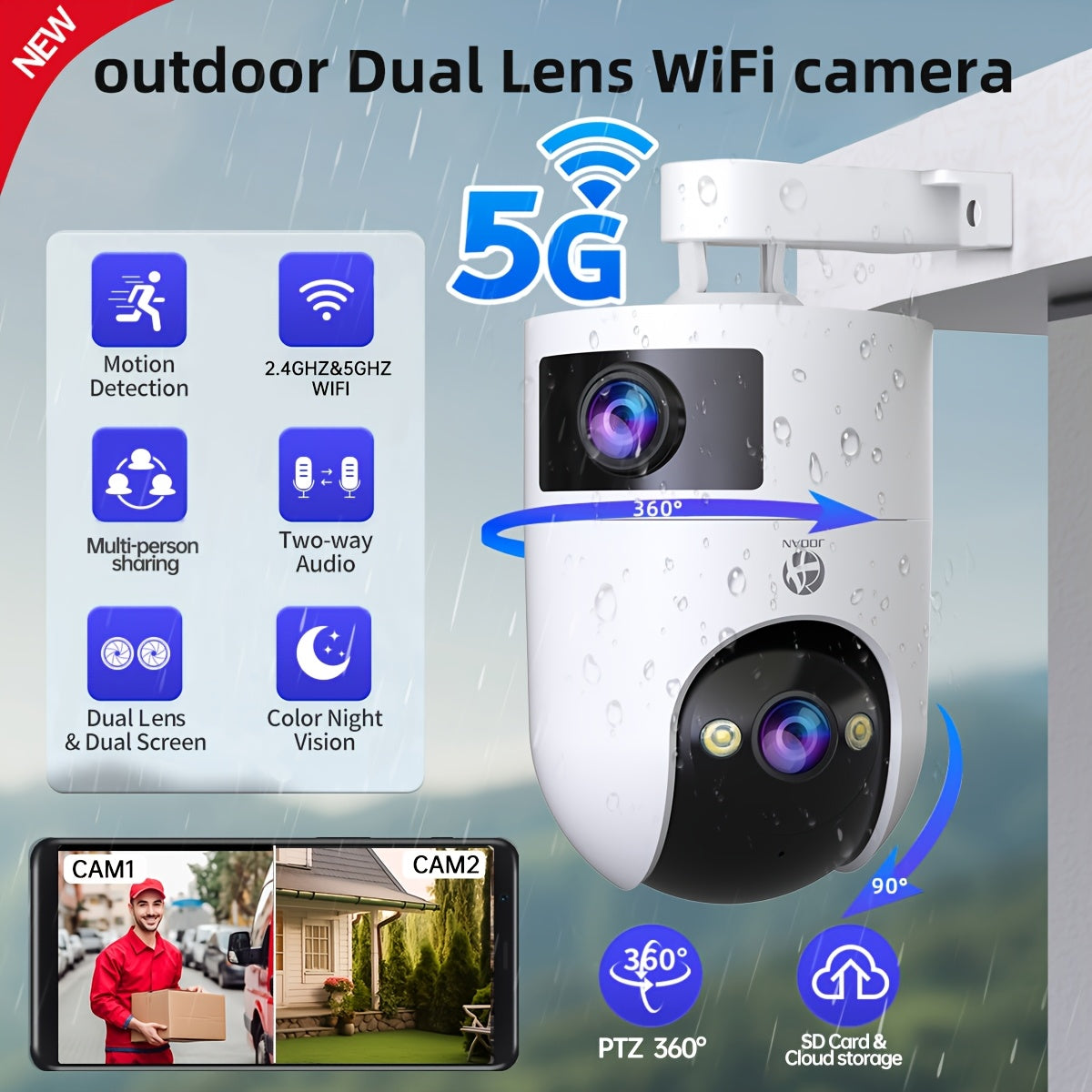 Full HD PTZ Wireless Camera with 5G Wi-Fi Dual Lens Outdoor Surveillance for Home Security