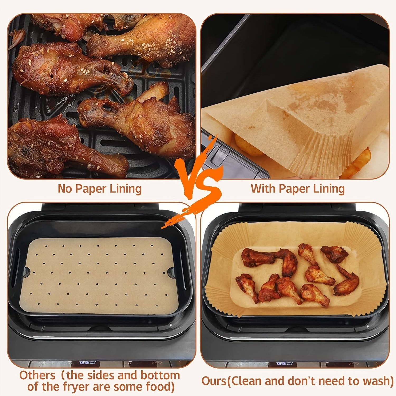 Rectangular Paper Tray for Air Fryers with Oil Blotting Sheets and Baking Liners