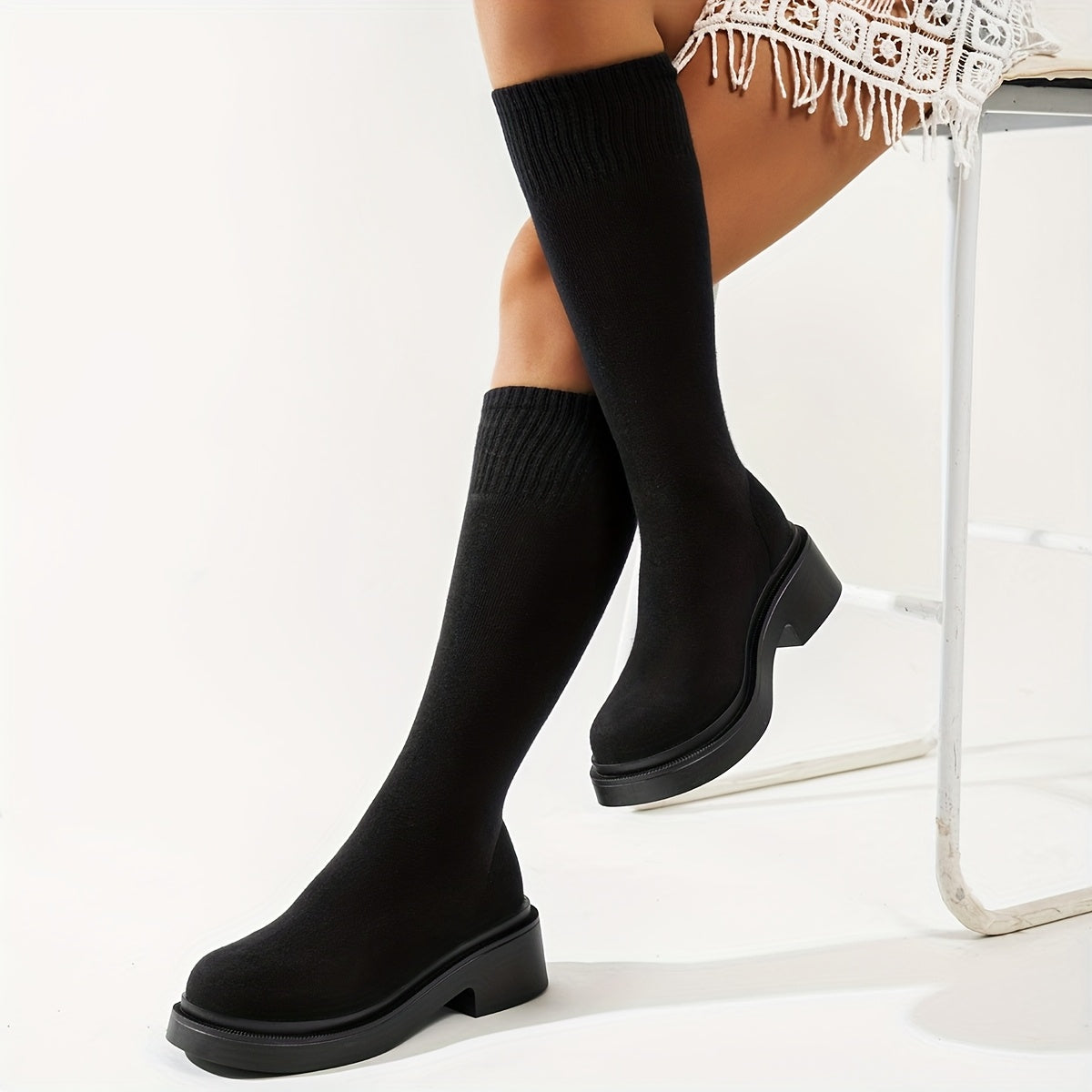 Women's Black Knitted Mid-Calf Combat Boots with Thick Soles