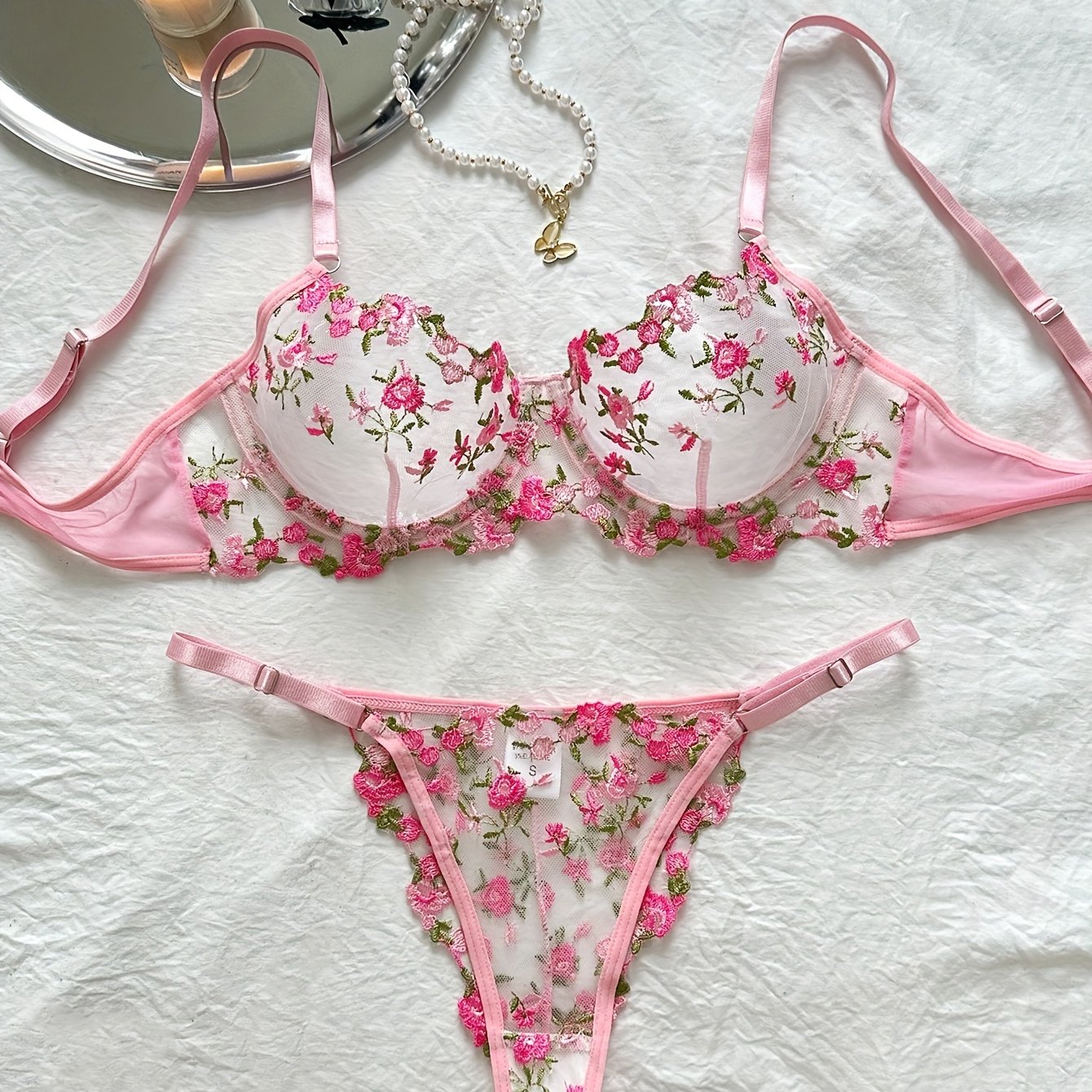 Women's Floral Embroidered Lingerie Set Mesh Unlined Bra and Sheer Thong