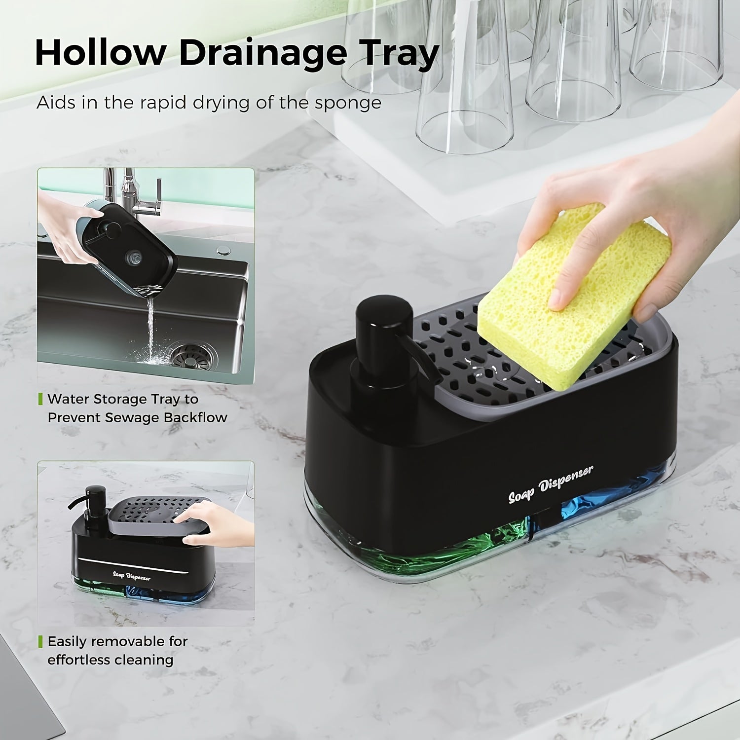 4-in-1 Soap Dispenser Set with Sponge Holder BPA-Free Plastic Leakproof Pumps Kitchen Bathroom