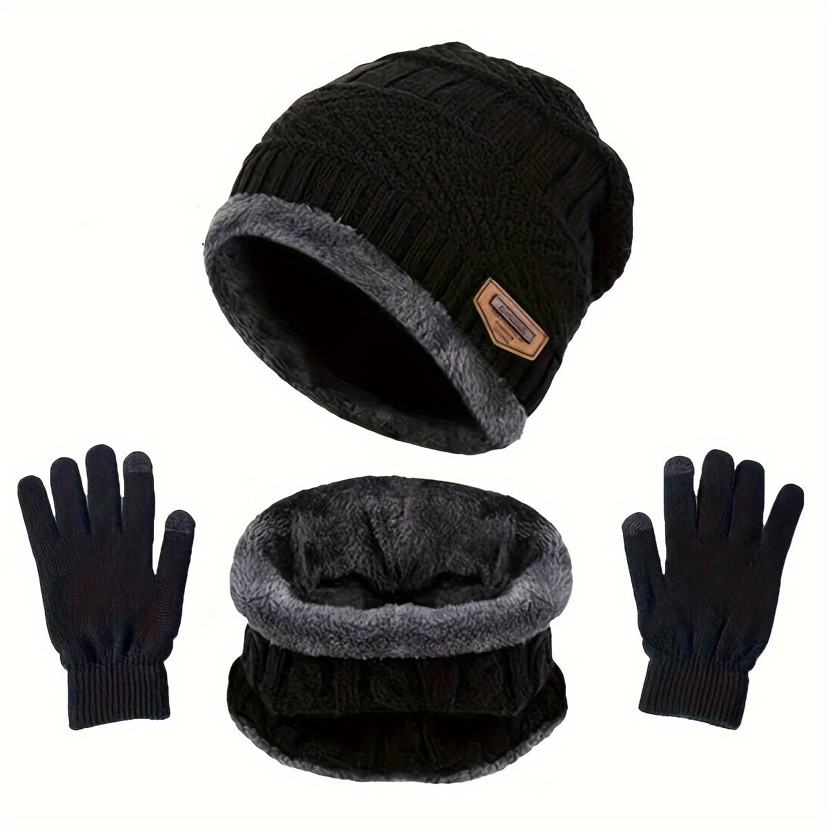 Winter Warm Velvet Hat Scarf Gloves Set for Boys and Girls, Outdoor Riding