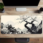 Large Gaming Mouse Pad Washable Non-Slip Rubber Desk Mat Japanese Ink Landscape Design Cherry Blossoms Mountain Scenery