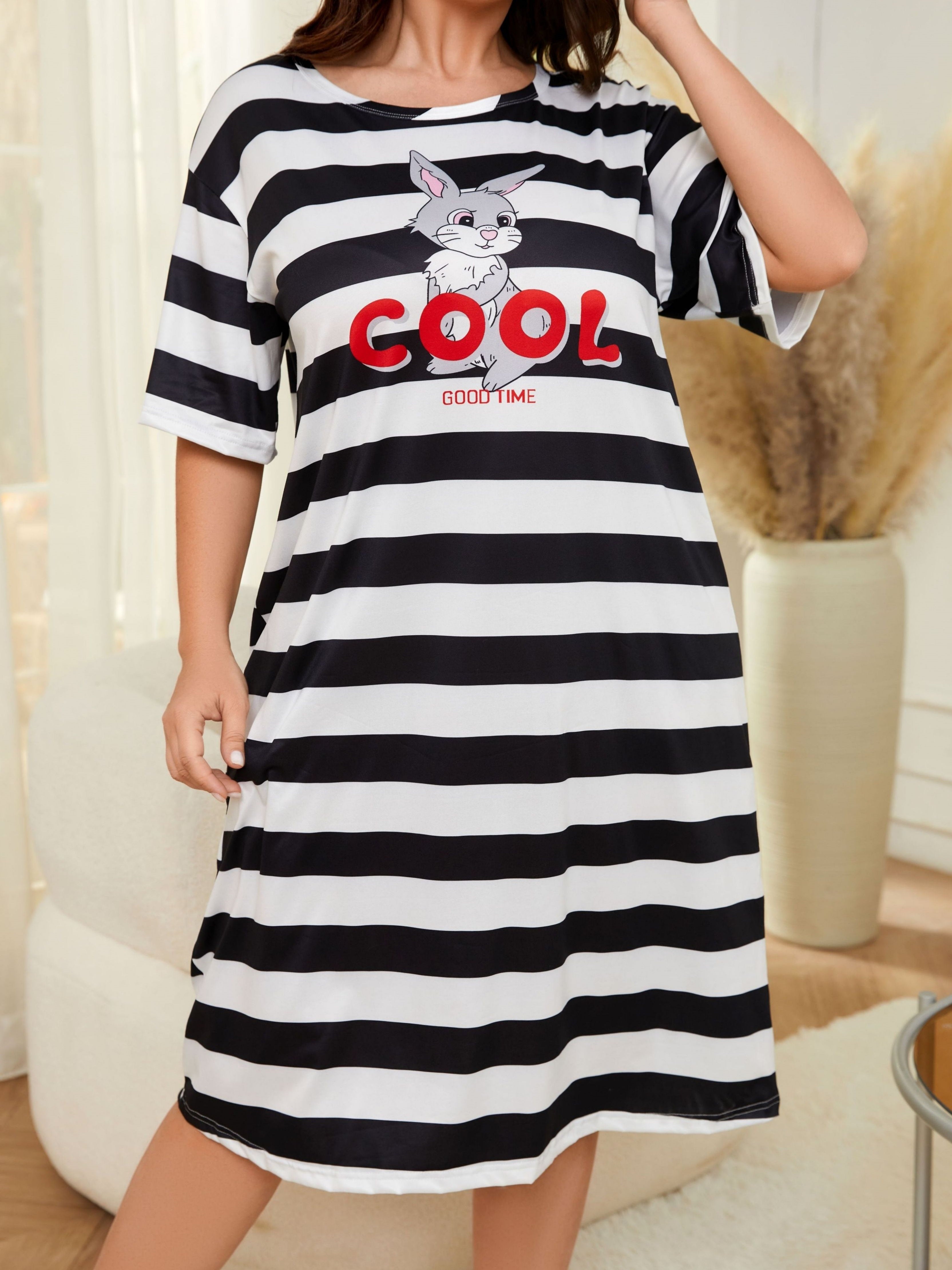 Plus Size Women's Casual Sleep Dress with Cartoon Bunny and Striped Short Sleeve Nightgown