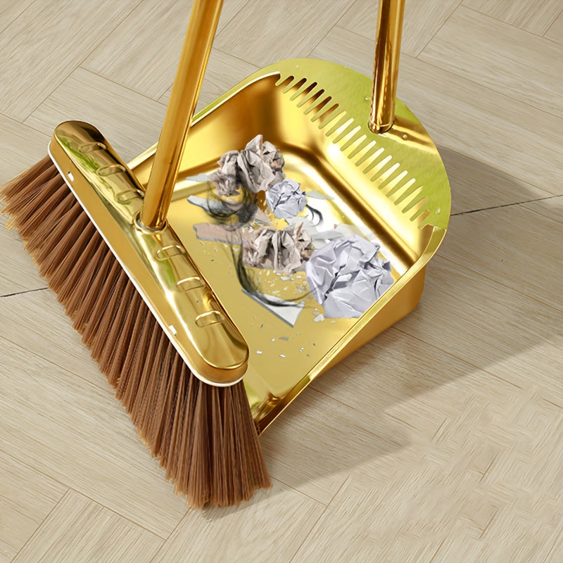 Stainless Steel Broom and Dustpan Set with Serrated Edge Long Handle Indoor Outdoor Cleaning