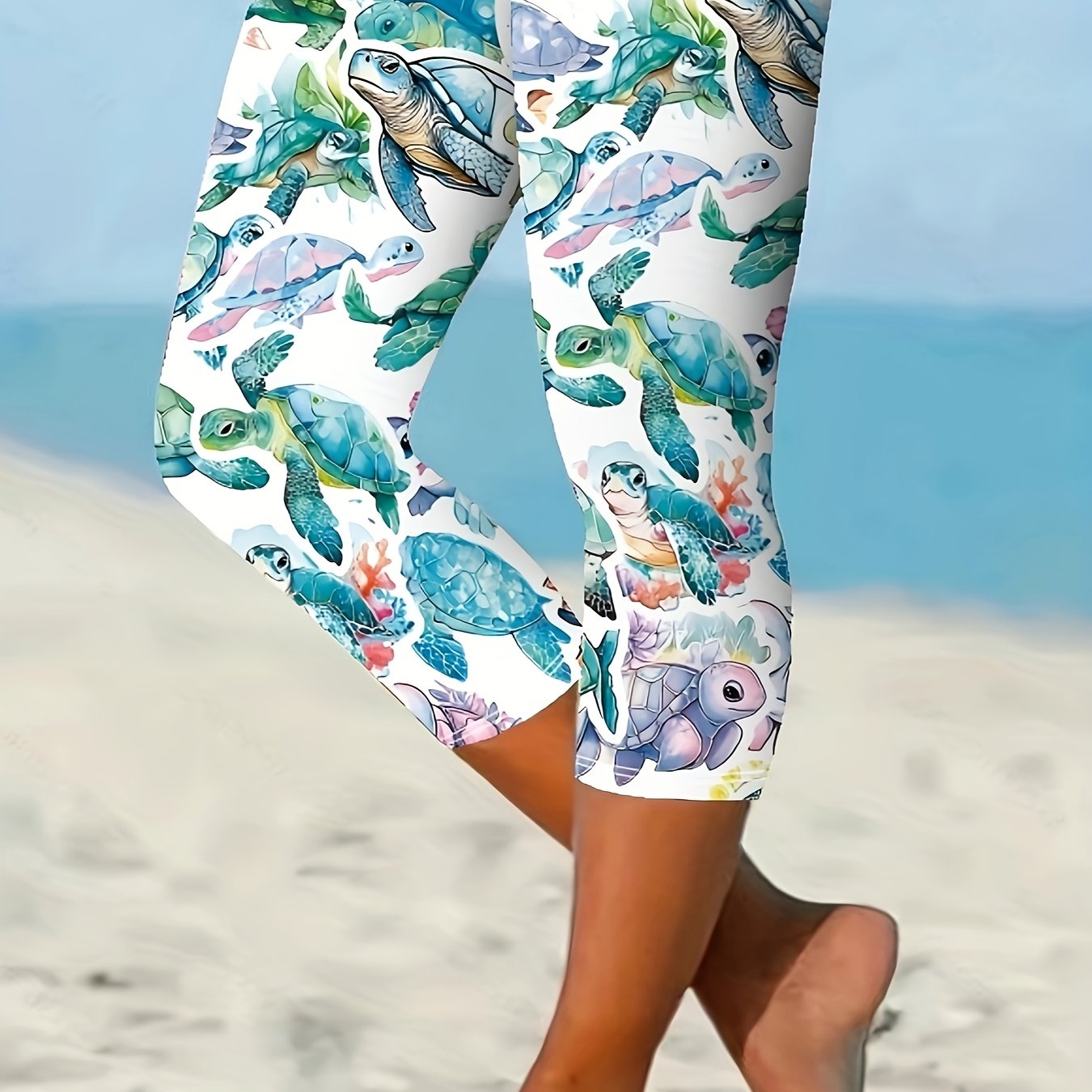 Women's Plus Size High-Waisted 7/8 Leggings Vibrant Sea Turtle Print Stretchy Non-See-Through Yoga Pants