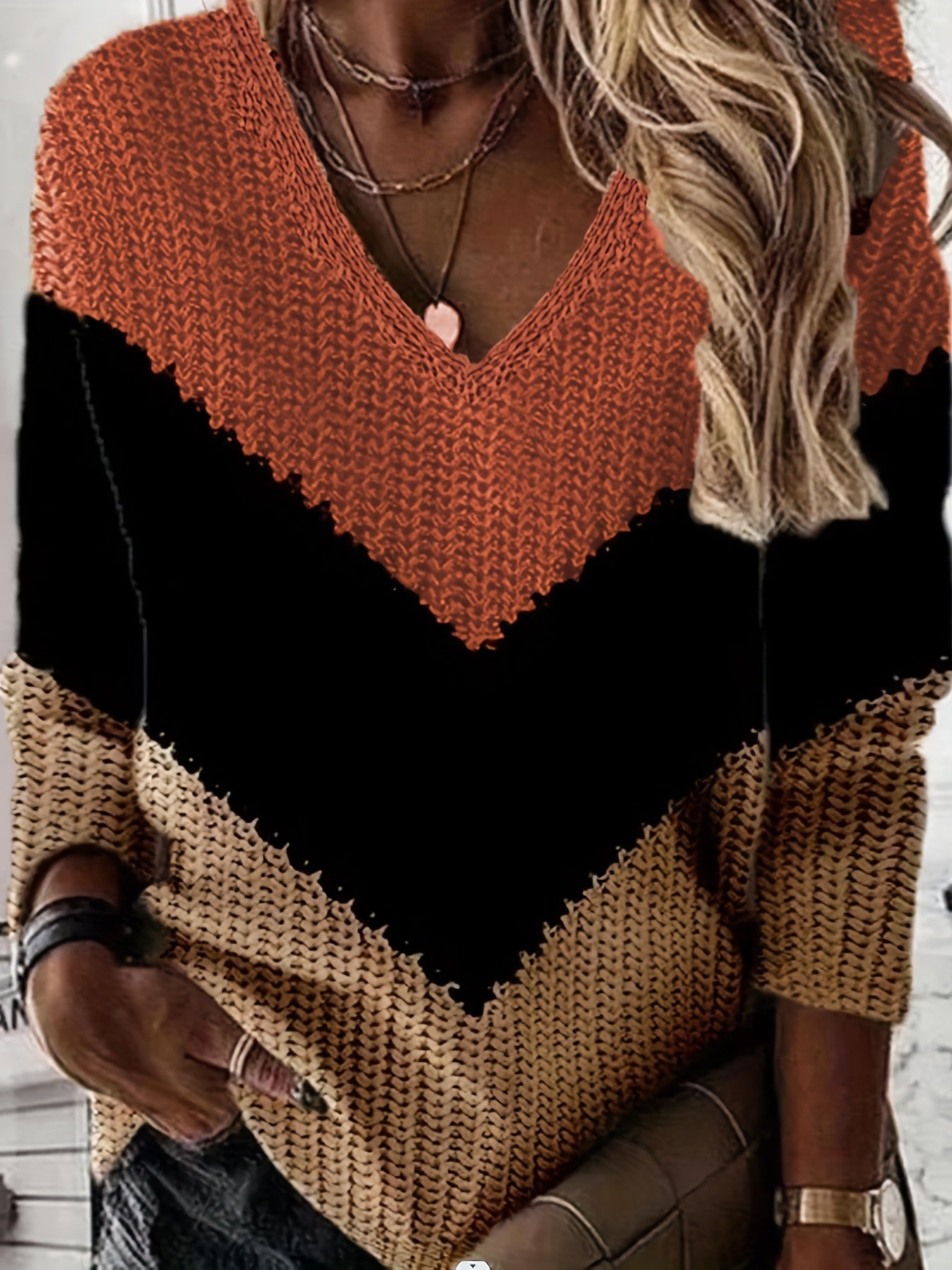 Plus Size V-Neck Color-Block Striped Sweater All-Season Knitwear Orange Black