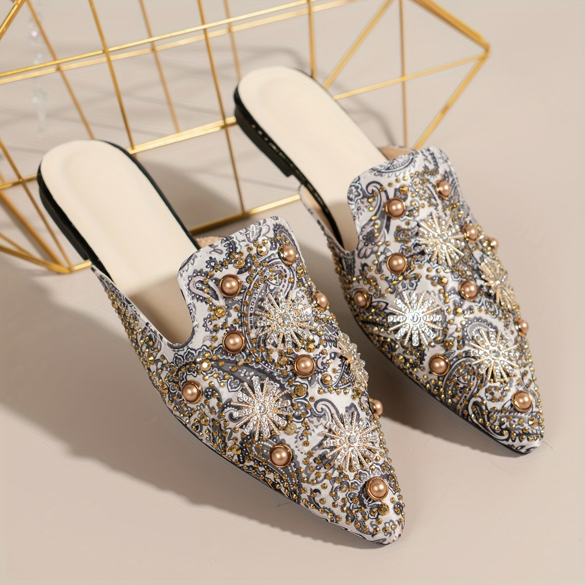 Women's Slide Sandals Pointed Toe Star Pattern Flat Slip-On Summer Fabric