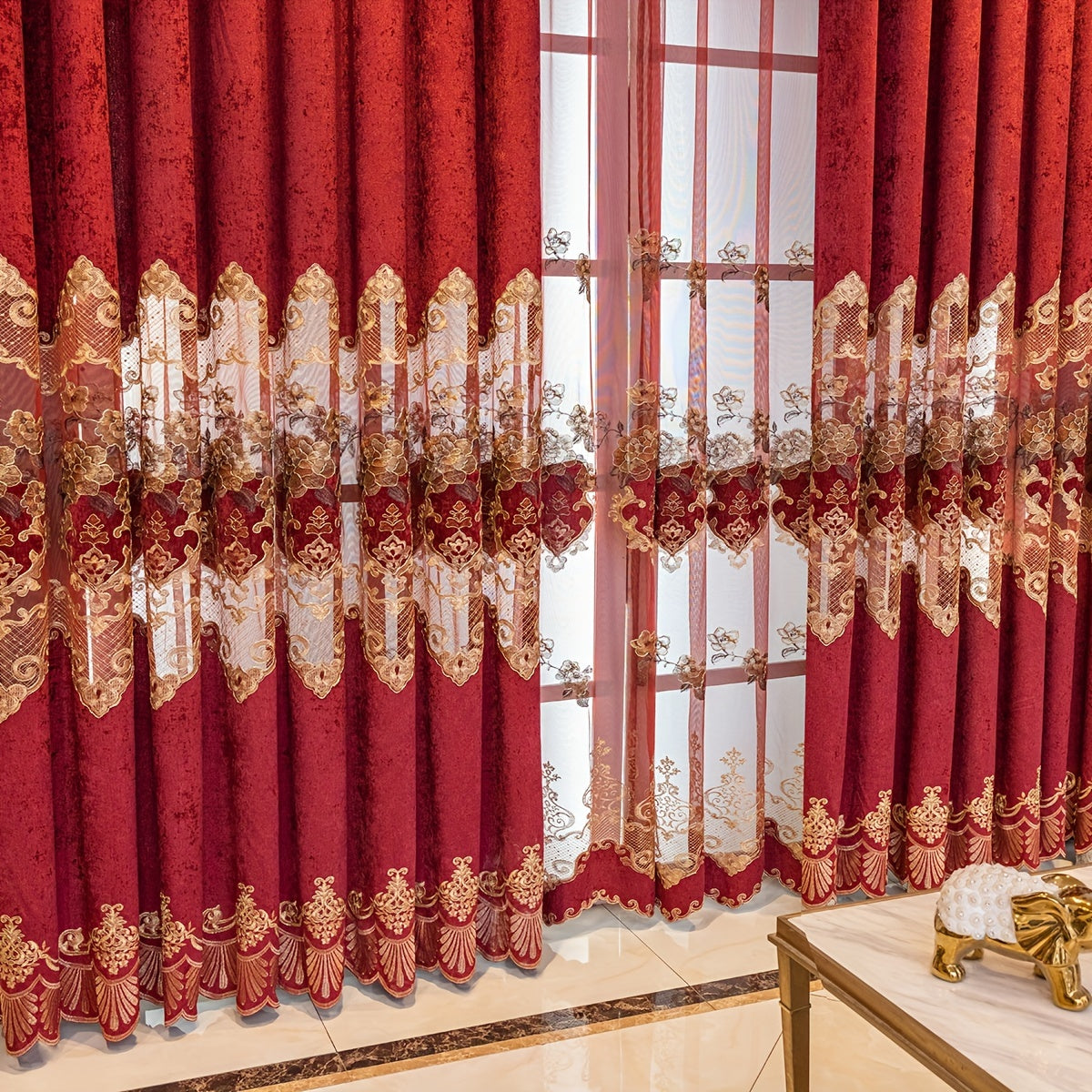 European-Style Thick Embroidered Curtains with Chenille Floral Designs and Translucent Yarn Finish for Living Room and Bedroom