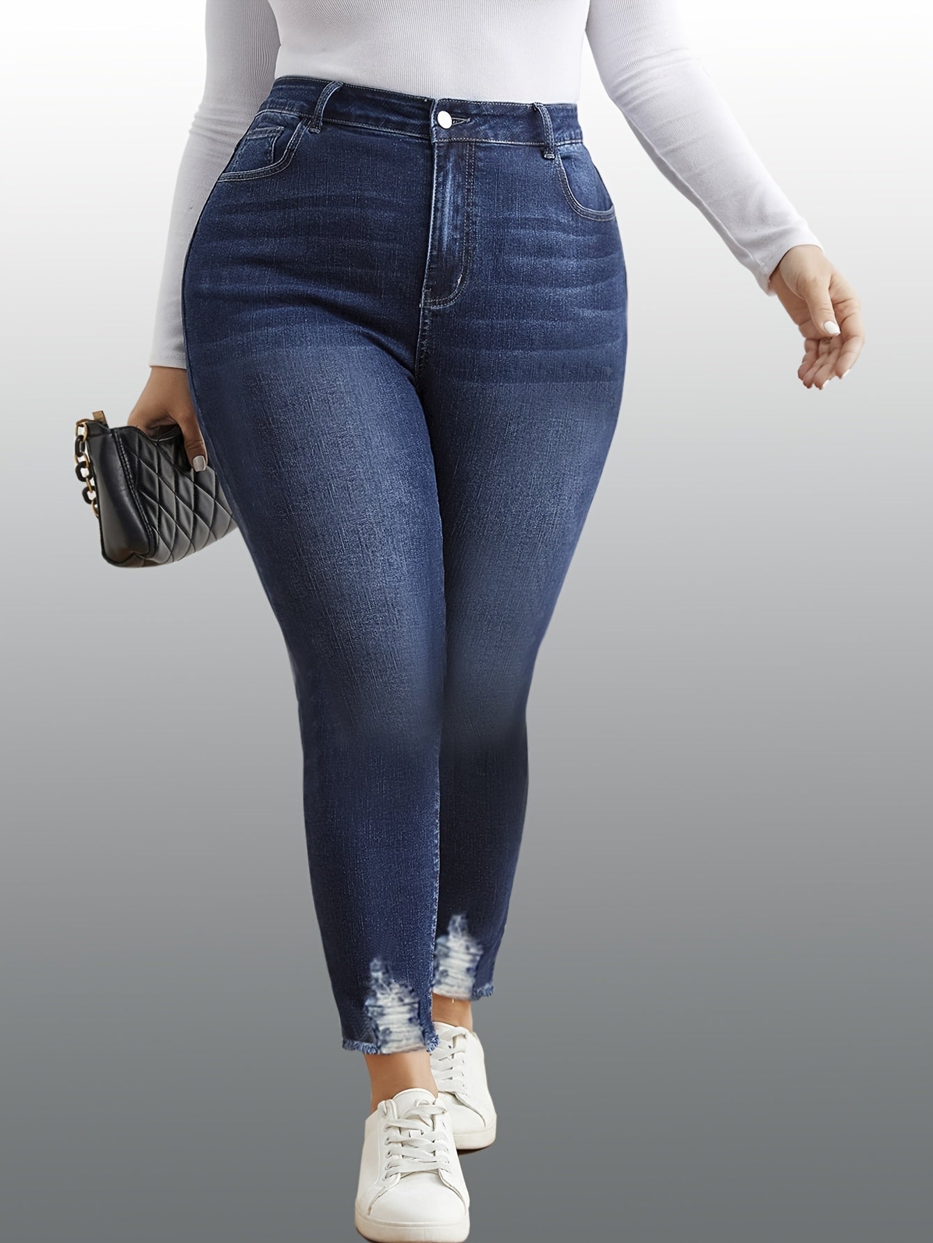 Women's Plus Size High Stretch Distressed Edge Jeans with Hairy Legs