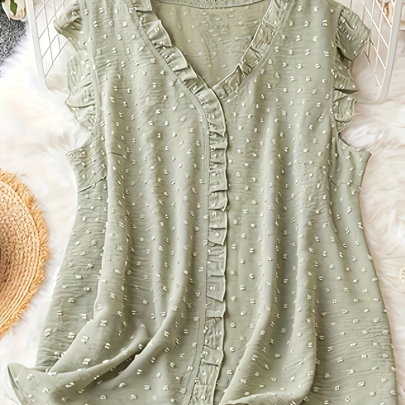 Plus Size Swiss Dot Blouse with Frill Trim V-Neck Summer Casual Women