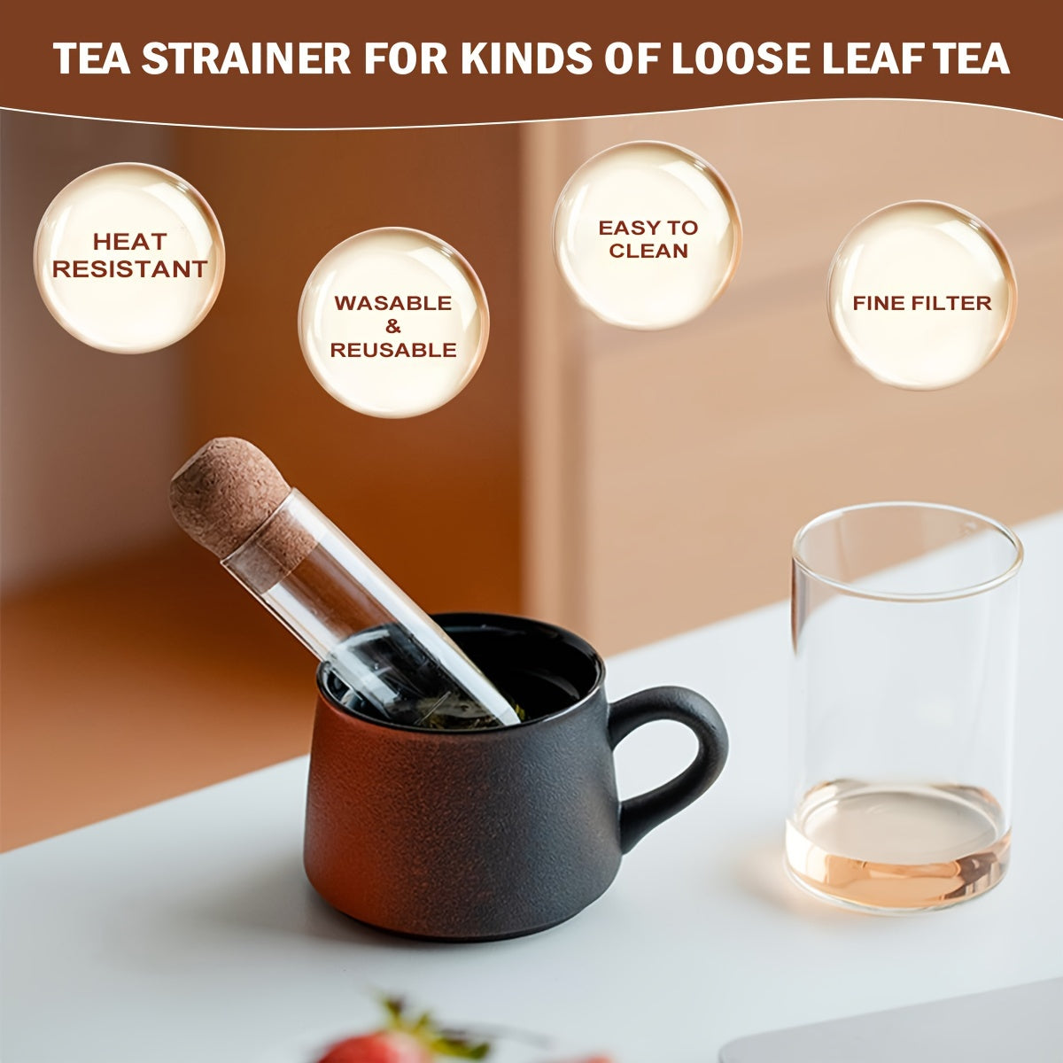 Infusor de té de vidrio con tapa de corcho, filtro grande reutilizable para té de hojas sueltas