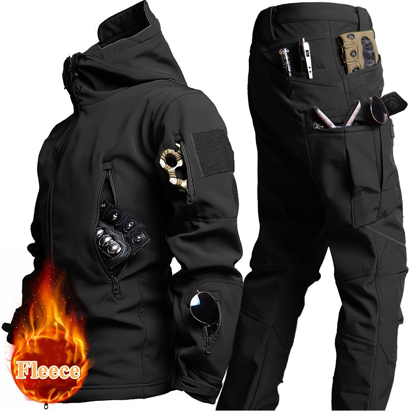 Men's Waterproof Windproof Sportswear Set with Hooded Jacket and Pockets for Hiking Skiing Fishing