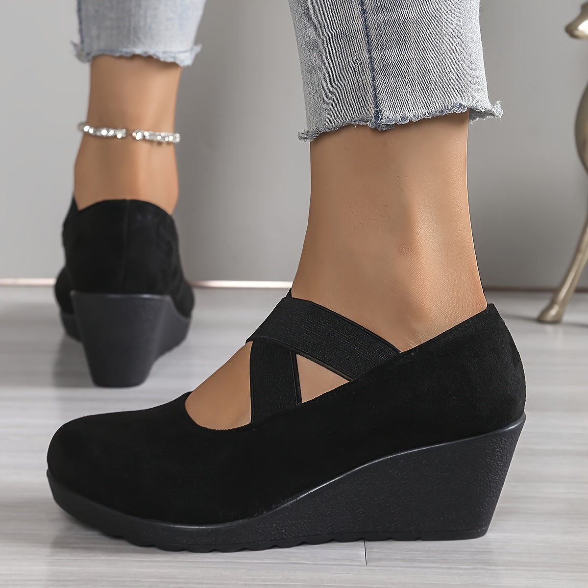 Women Slip-On Wedge Shoes Black Breathable Fabric All-Season Comfort