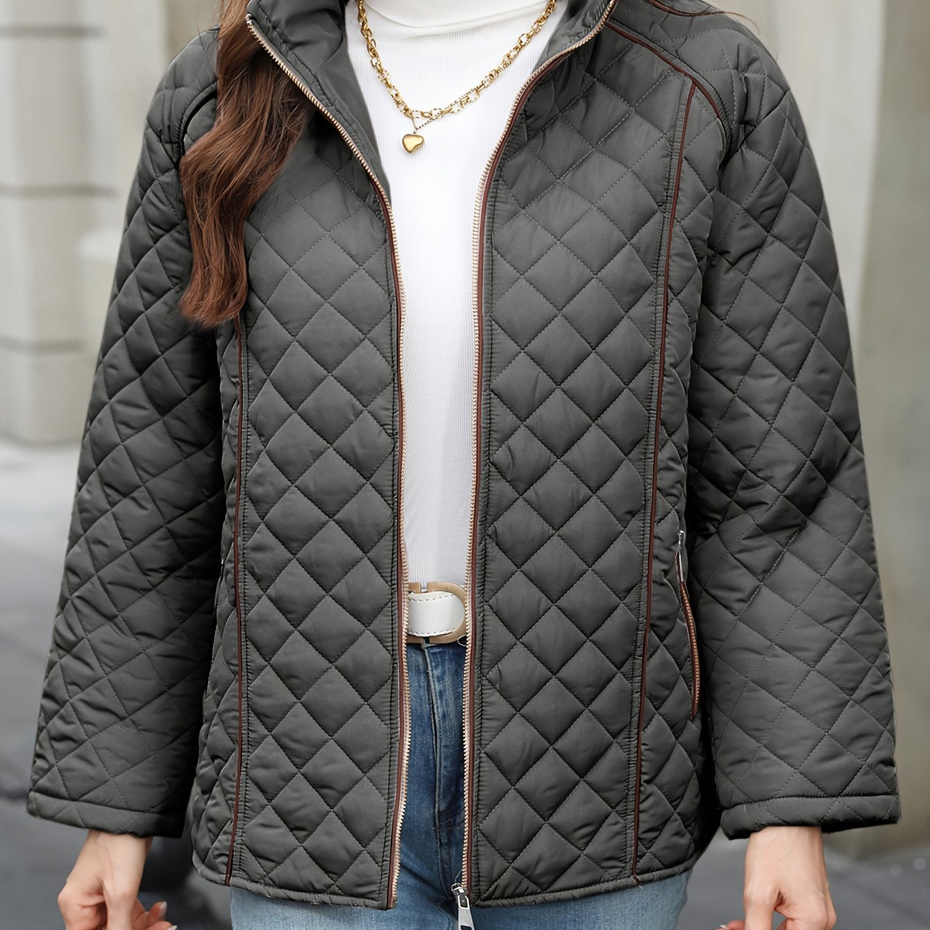Women's Plus Size Quilted Outerwear with Stand Collar Zipper Long Sleeve Fall Winter