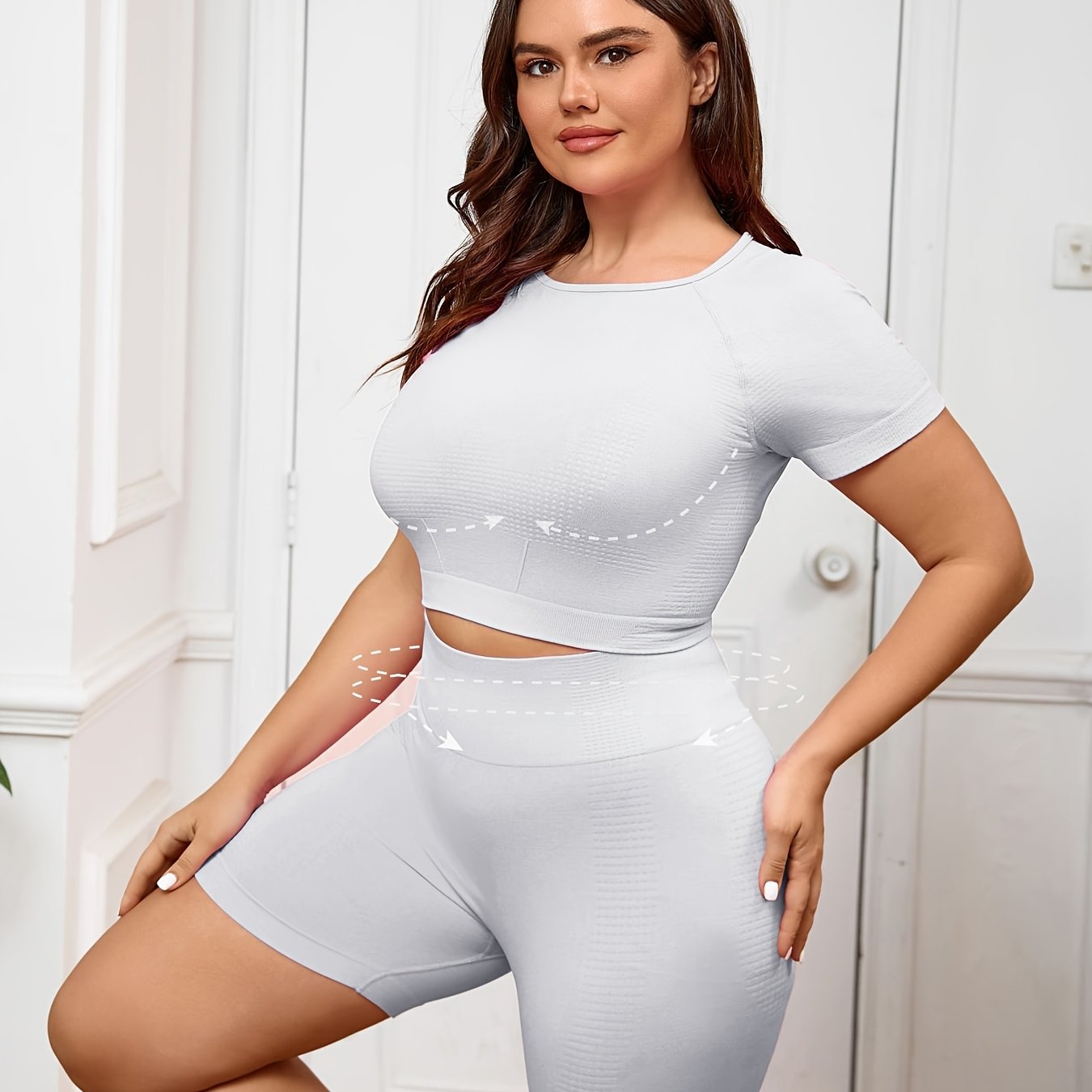 Plus Size Women's Seamless Nylon Yoga Set Short Sleeve T-Shirt and Tight Shorts
