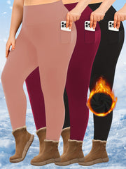 Plus Size High-Waist Fleece-Lined Leggings with Pockets for AutumnWinter Black Gray Burgundy