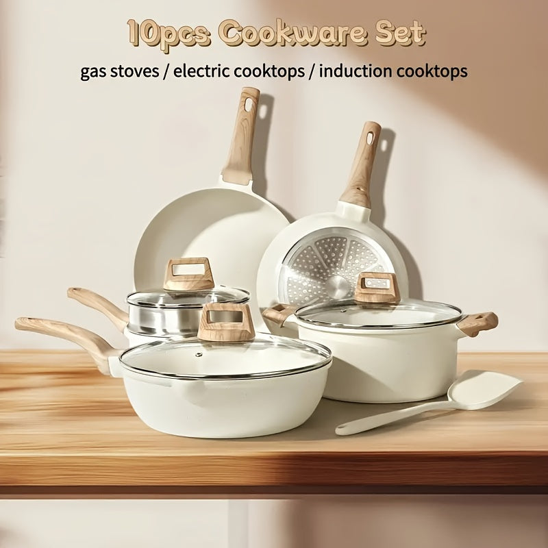 10 ta bo'lakli yopishmaydigan oq granit idishlar to'plami, qovurilgan panjara va qopqog'lar bilan