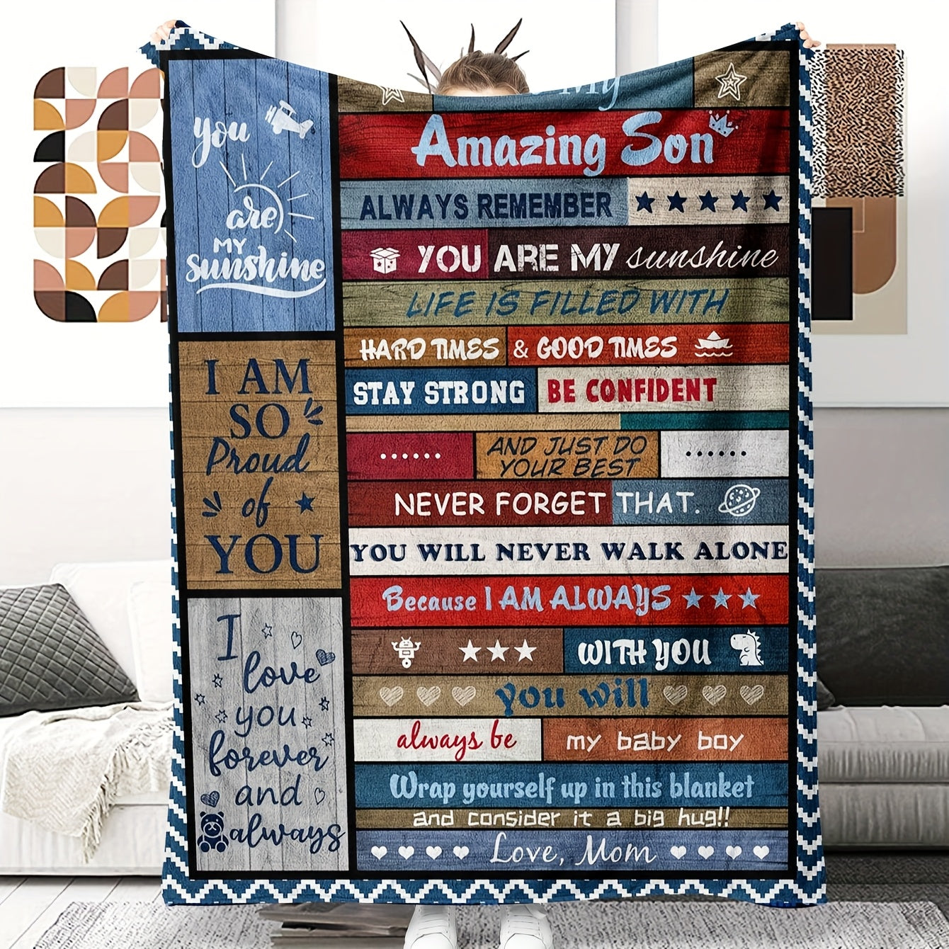 Zamonaviy Geometrik-Nazoratli Flanel Ko'rlik o'g'il uchun - 1 dona, 100% Polyester To'qilgan Materialdan tayyorlangan, Har mavsumda foydalanish mumkin bo'lgan, Onadan Ilhomlantiruvchi Iqtiboslar bilan ta'minlangan - O'g'il uchun mukammal sovg'a g'oyasi