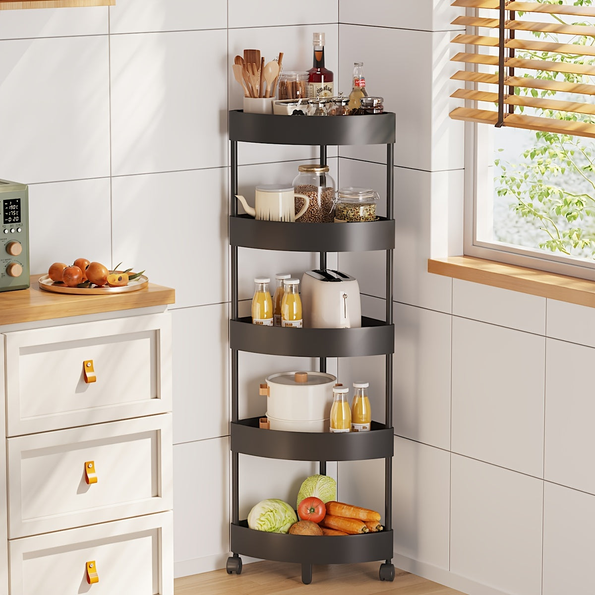 Multi-Tier Storage Rack on Wheels for Fruits Snacks and Beverages Black