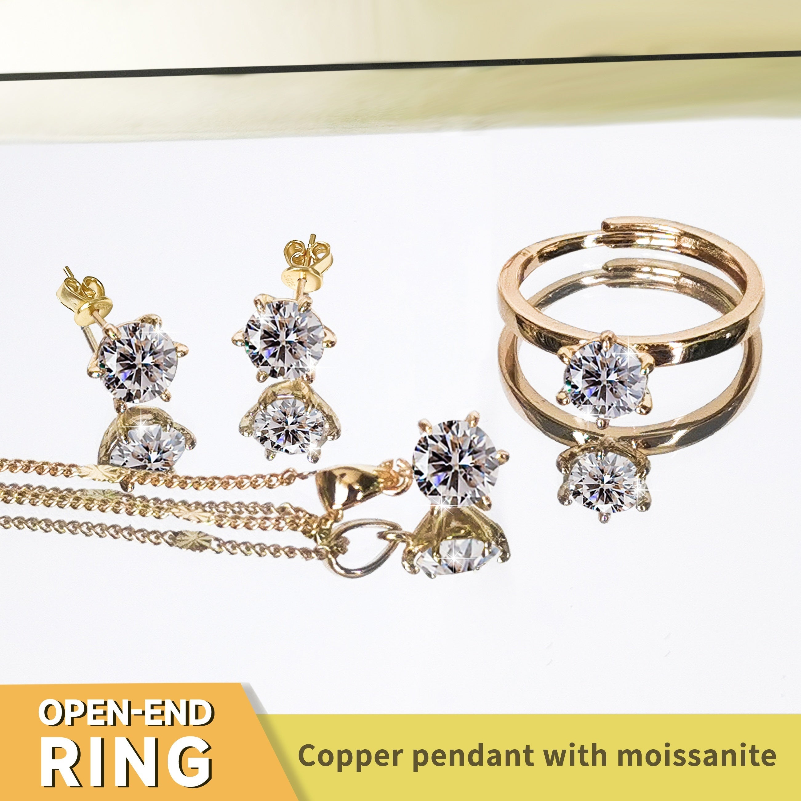 Copper Jewelry Set with Moissanite Round Cut Necklace Earrings and Ring for Women