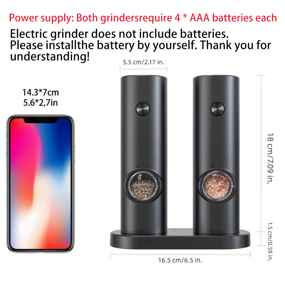 2 ta elektr salt va murch maydalagichlar to'plami, sozlanadigan qattiqlik bilan, LED chiroq chizig'i saqlash bazasi, batareyali, bitta tugma bilan bitta qo'l bilan boshlash, ABS materialidan tayyorlangan. Ajoyib oshxona