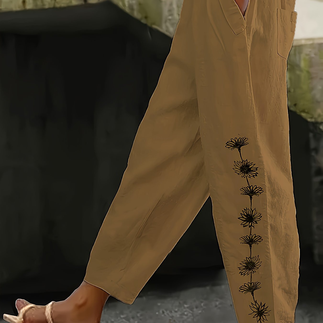 Plus Size Women's White Dandelion Print Casual Pants Elastic Waist Loose Fit