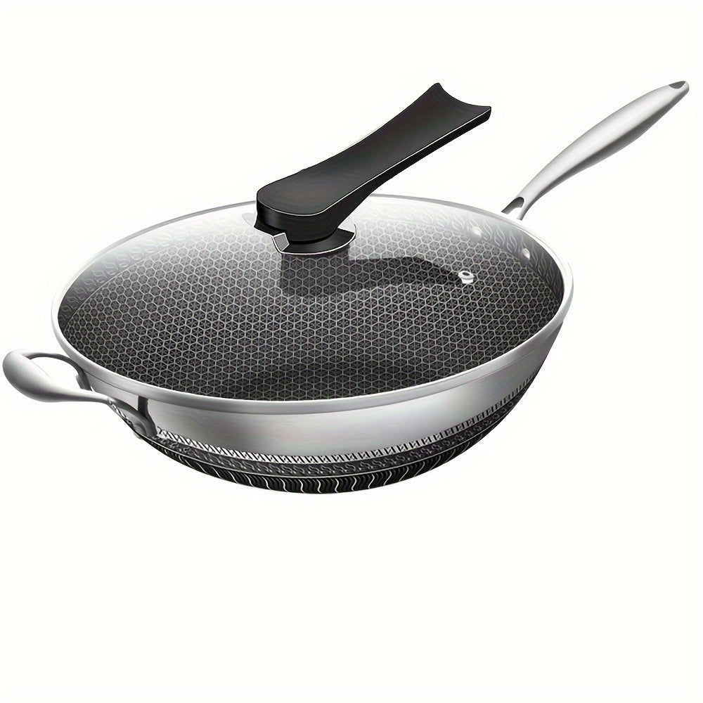 Stainless Steel Wok 34cm Flat Bottom Induction Gas Ceramic with Lid Spatula