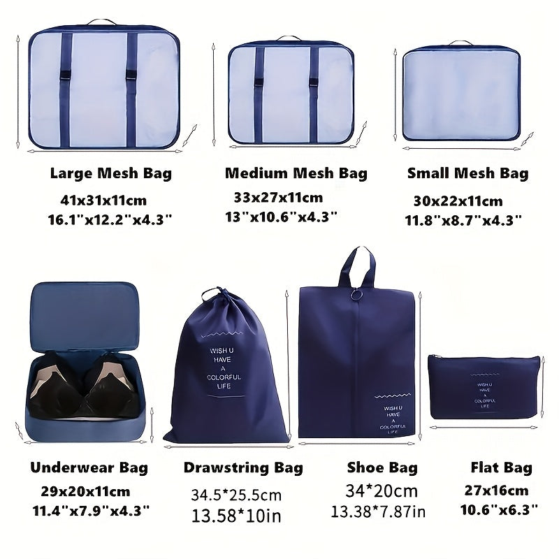 Набор из 7 сумок для хранения одежды для организации одежды, туалетных принадлежностей и аксессуаров во время поездок, путешествий или кемпинга. Включает упаковочные кубы и портативные дорожные сумки.