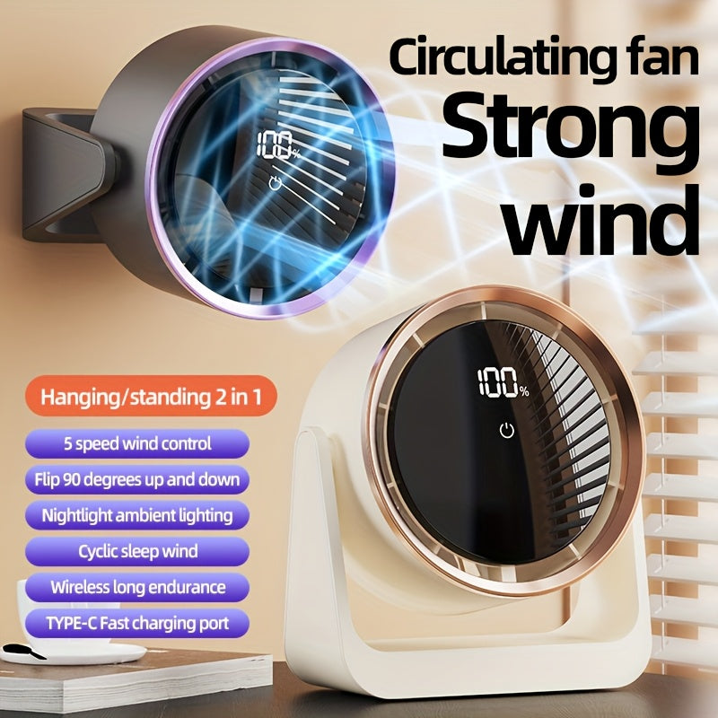 Portable LED fan with touch screen control 5-speed adjustable digital display USB rechargeable compact design indoor outdoor use