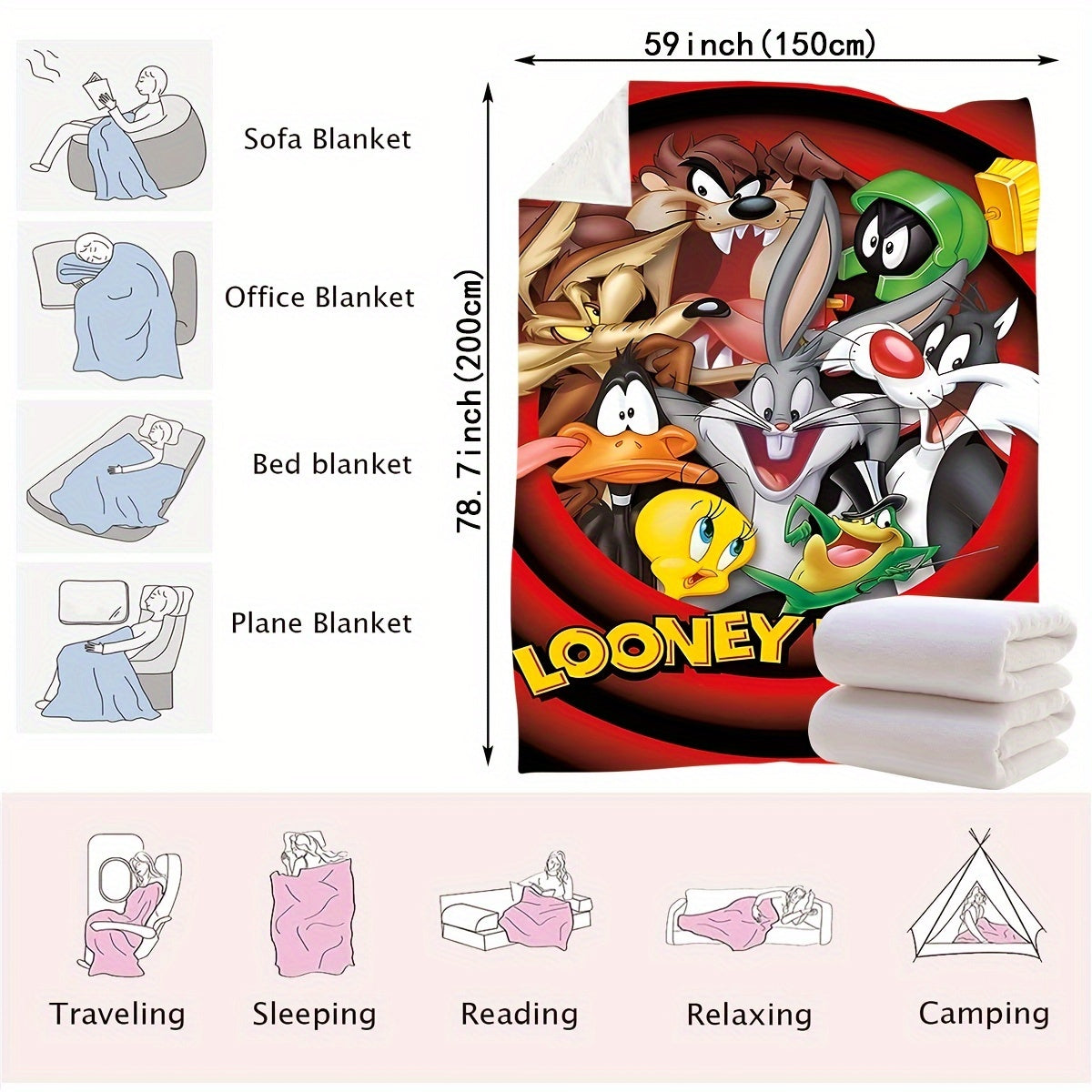 Looney Tunes Cartoon Characters Polyester Knitted Blanket Lightweight Throw for Bed Couch Travel